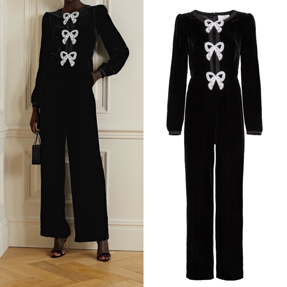 SALONI Camille Velvet Bow Embellished Jumpsuit in Black Sz 2 US - Picture 2 of 8